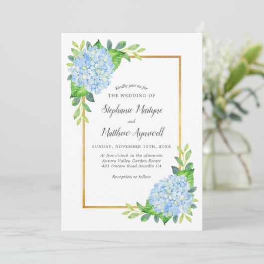 Invitation Blue Hydrangea Gold Bordure Mariage d'aquarelle (Debout devant)