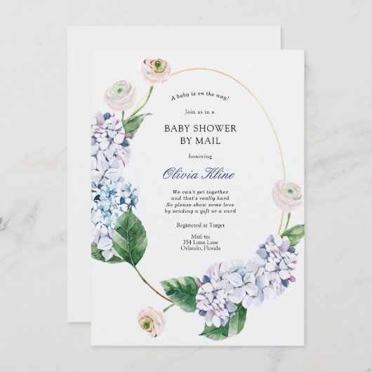 Invitation Blue Hydrangea Gold Frame Baby shower par Mail (Devant / Derrière)
