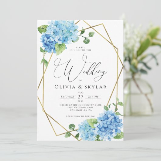Invitation Blue Hydrangea Gold QR Code Tout en un Mariage (Debout devant)
