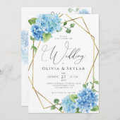 Invitation Blue Hydrangea Gold QR Code Tout en un Mariage (Devant / Derrière)
