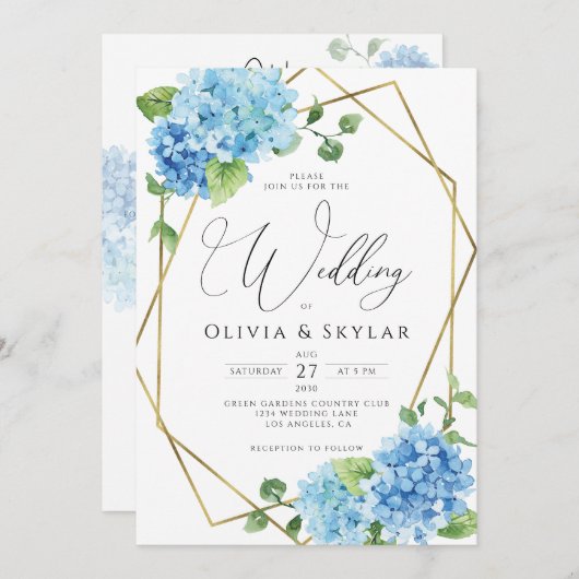 Invitation Blue Hydrangea Gold QR Code Tout en un Mariage (Devant / Derrière)