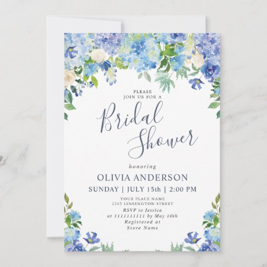 Invitation Blue Hydrangea Green Fête des mariées d'aquarelle (Devant)