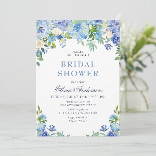 Invitation Blue Hydrangea Green Fête des mariées d'aquarelle (Debout devant)