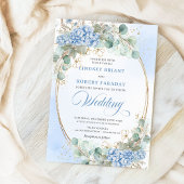 Invitation Blue Hydrangea Greenery Gold Oval Wedding Invite