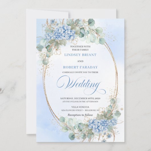Invitation Blue Hydrangea Greenery Gold Oval Wedding Invite (Devant)