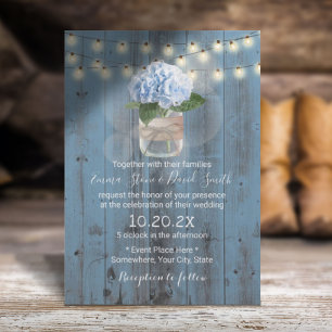 Invitation Blue Hydrangea Jar Dusty Blue Barn Mariage en bois
