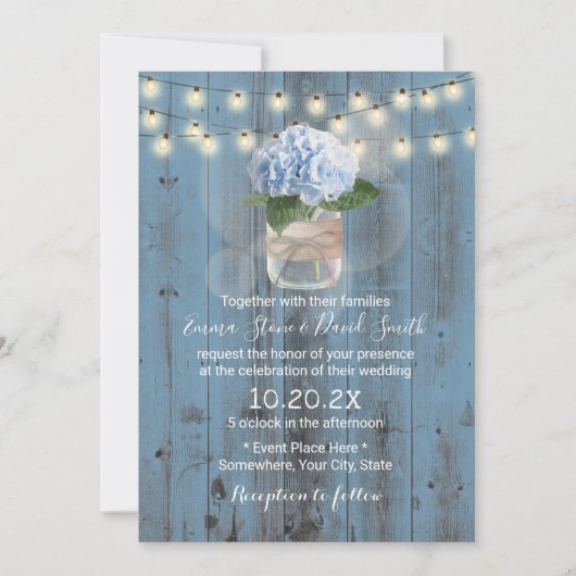 Invitation Blue Hydrangea Jar Dusty Blue Barn Mariage en bois (Devant)
