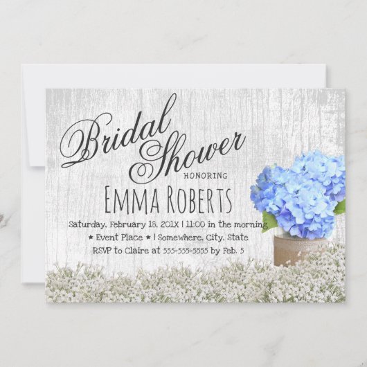 Invitation Blue Hydrangea Jar Rustique Fête des mariées flora (Devant)