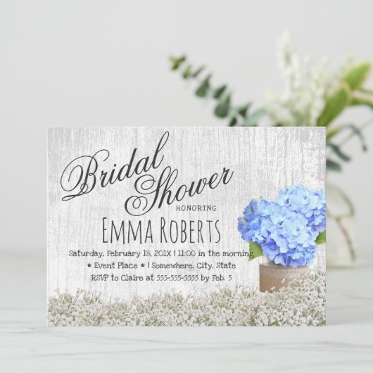 Invitation Blue Hydrangea Jar Rustique Fête des mariées flora (Debout devant)