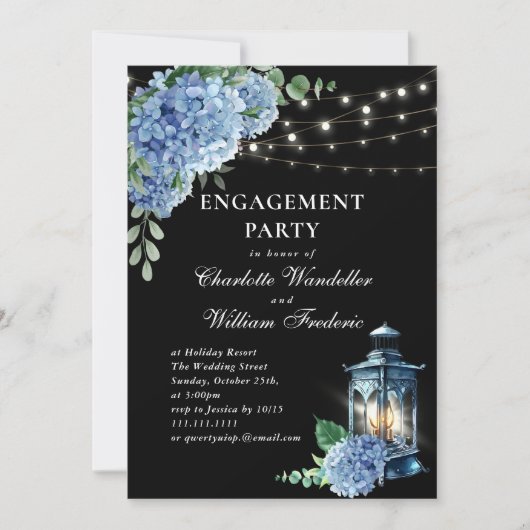 Invitation Blue Hydrangea Lantern Black Boho ENGAGEMENT PARTI (Devant)