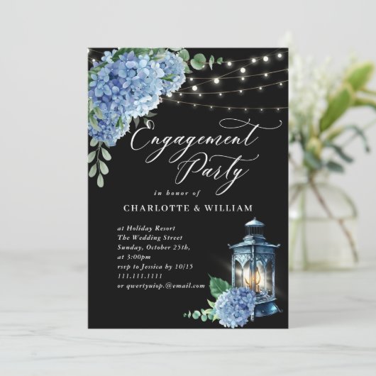 Invitation Blue Hydrangea Lanterne Black Boho Party (Debout devant)