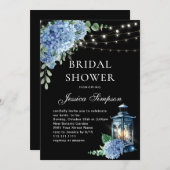 Invitation Blue Hydrangea Lanterne Boho noir Fête des mariées (Devant / Derrière)