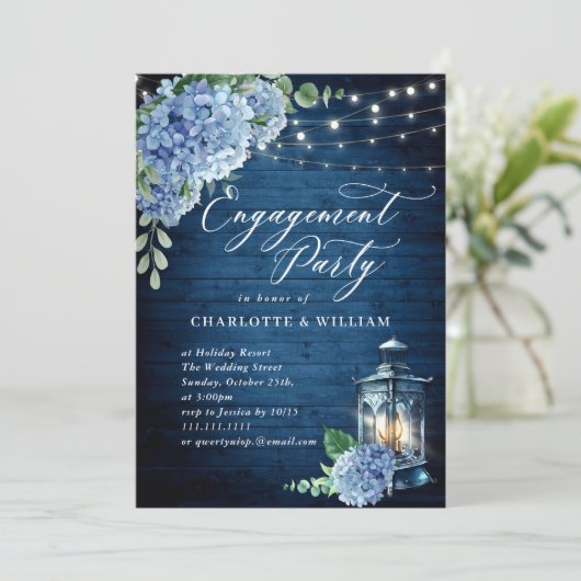 Invitation Blue Hydrangea Lanterne Navy (Debout devant)
