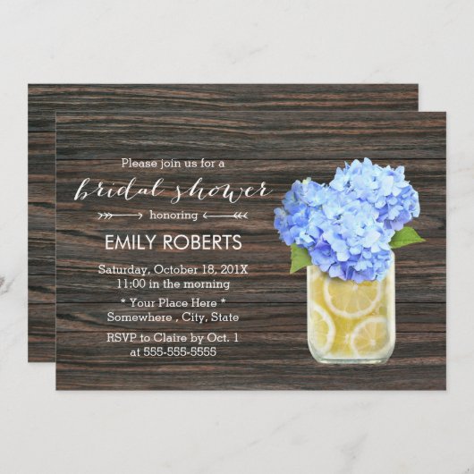 Invitation Blue Hydrangea & Lemons Jar Fête des mariées en bo (Devant / Derrière)