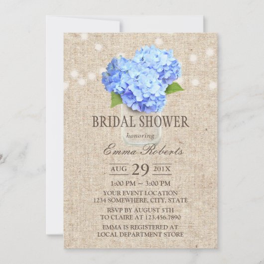 Invitation Blue Hydrangea Mason Jar Fête des mariées rustique (Devant)