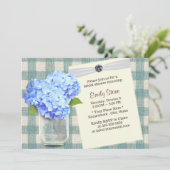 Invitation Blue Hydrangea & Mason Jar Plaid Fête de l'mariée (Debout devant)
