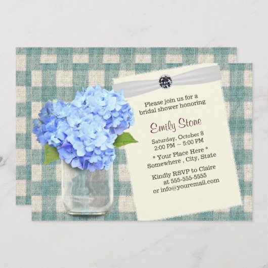 Invitation Blue Hydrangea & Mason Jar Plaid Fête de l'mariée (Devant / Derrière)