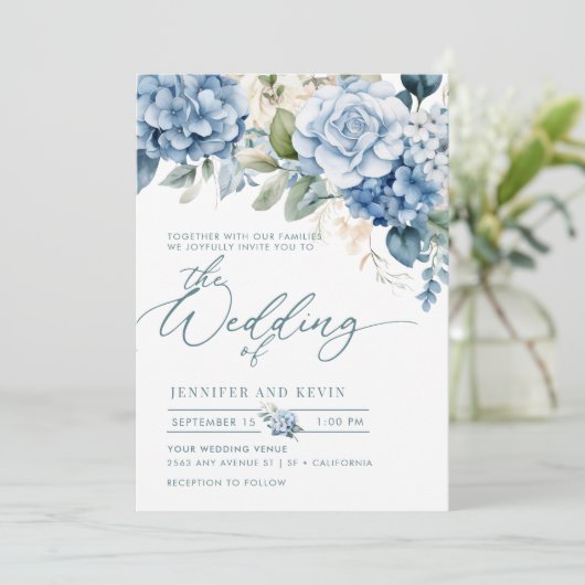 Invitation Blue Hydrangea Moderne Script Floral Mariage (Debout devant)