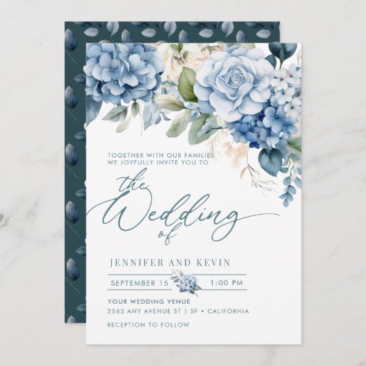 Invitation Blue Hydrangea Moderne Script Floral Mariage (Devant / Derrière)