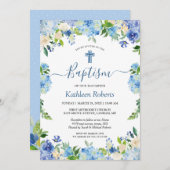 Invitation Blue Hydrangea Pastel Floral Baptême Christening (Devant / Derrière)