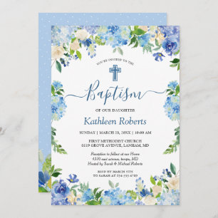 Invitation Blue Hydrangea Pastel Floral Baptême Christening