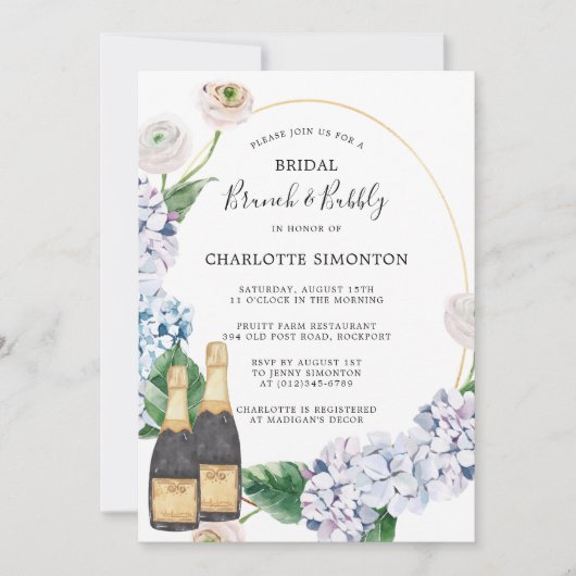Invitation Blue Hydrangea Rose blanche Brunch Floral Bubbly (Devant)