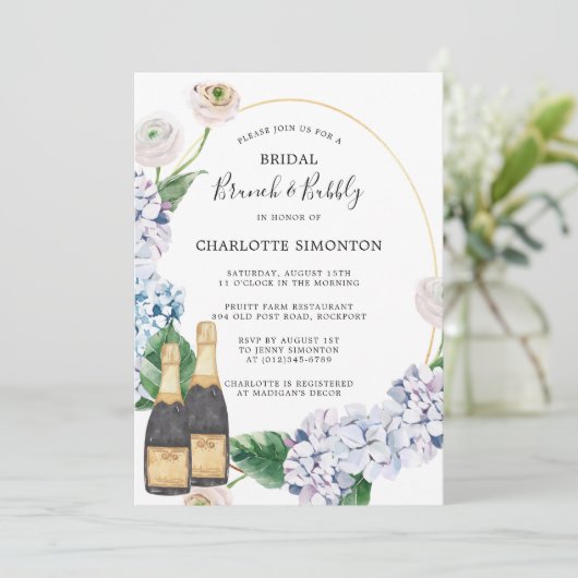 Invitation Blue Hydrangea Rose blanche Brunch Floral Bubbly (Debout devant)