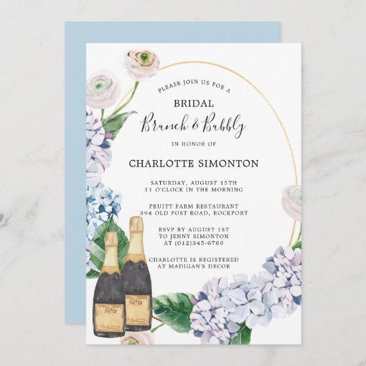 Invitation Blue Hydrangea Rose blanche Brunch Floral Bubbly (Devant / Derrière)