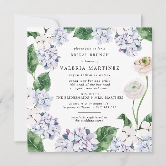 Invitation Blue Hydrangea Rose blanche Carré de brunch (Devant)