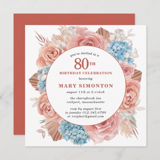 Invitation Blue Hydrangea Rose Rose Floral 80e anniversaire (Devant / Derrière)