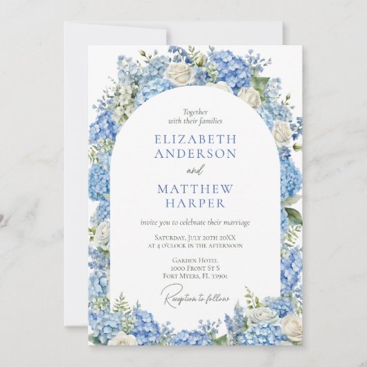 Invitation Blue Hydrangea Roses blanches Mariage d'arche fleu (Devant)