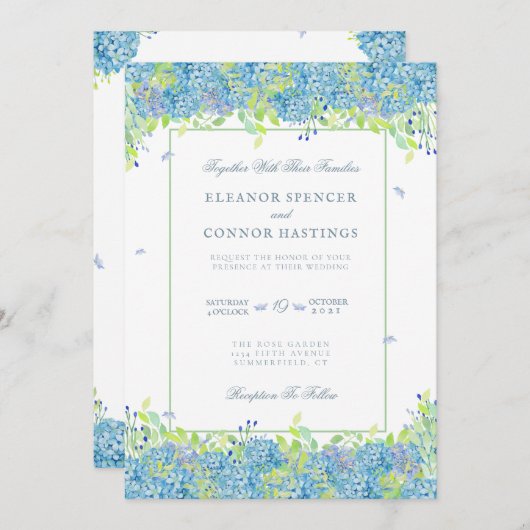 Invitation Blue Hydrangea Sophisticated Mariage (Devant / Derrière)