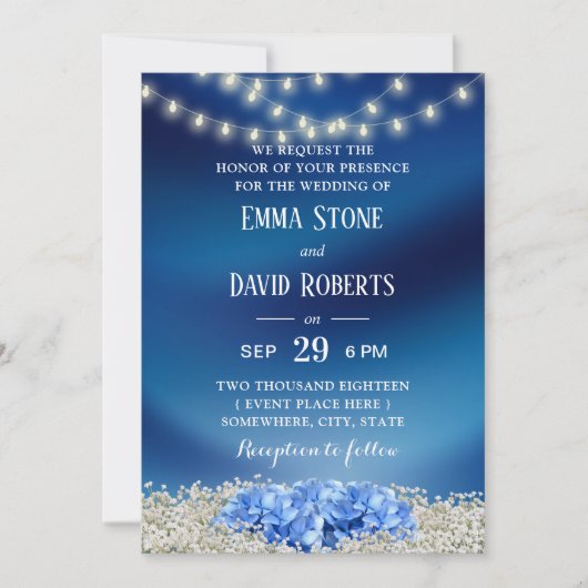 Invitation Blue Hydrangea & String Lights Navy Blue Mariage (Devant)