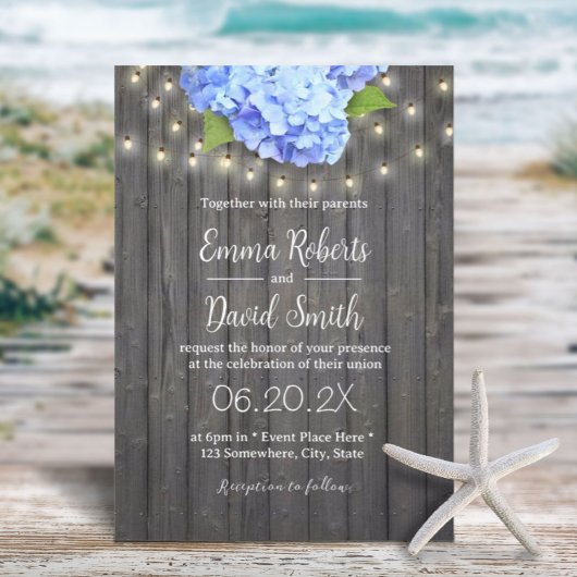 Invitation Blue Hydrangea & String Lumières Barre Mariage en 