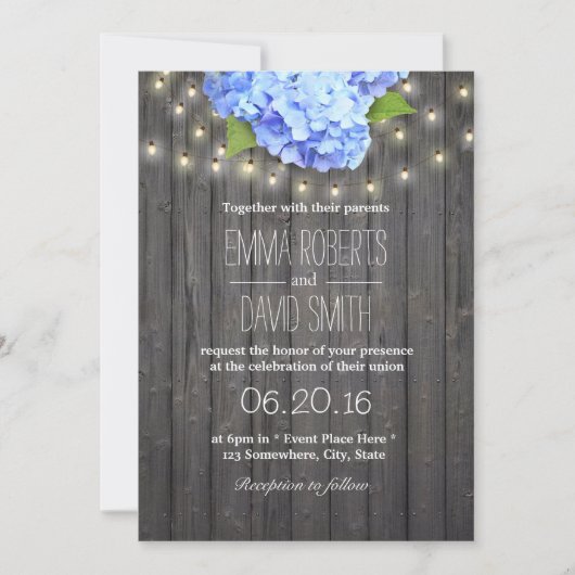 Invitation Blue Hydrangea & String Lumières Barre Mariage en  (Devant)