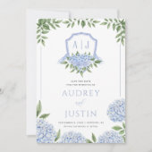 Invitation Blue Hydrangea Watercolor Crest Enregistrer la dat (Devant)