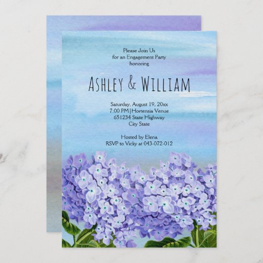 Invitation Blue hydrangea watercolor mariage fiançailles (Devant / Derrière)