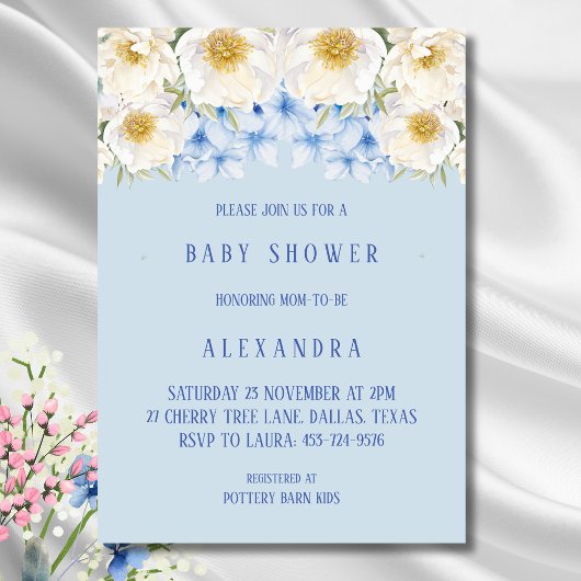 Invitation Blue Hydrangea White Floral Garden Baby shower