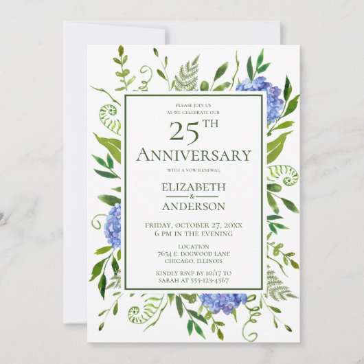 Invitation Blue Hydrangeas 25e anniversaire (Devant)