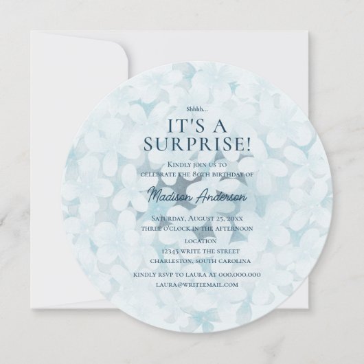 Invitation Blue Hydrangeas 80e fête d'anniversaire surprise (Devant)
