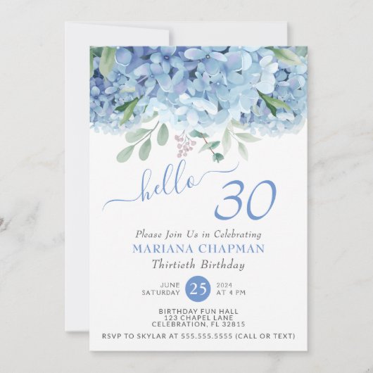 Invitation Blue Hydrangeas aquarelle Floral 30e anniversaire (Devant)