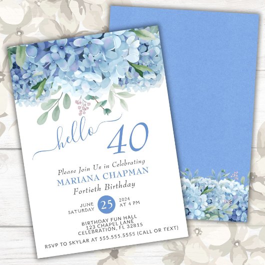 Invitation Blue Hydrangeas Aquarelle Floral 40e Anniversaire 