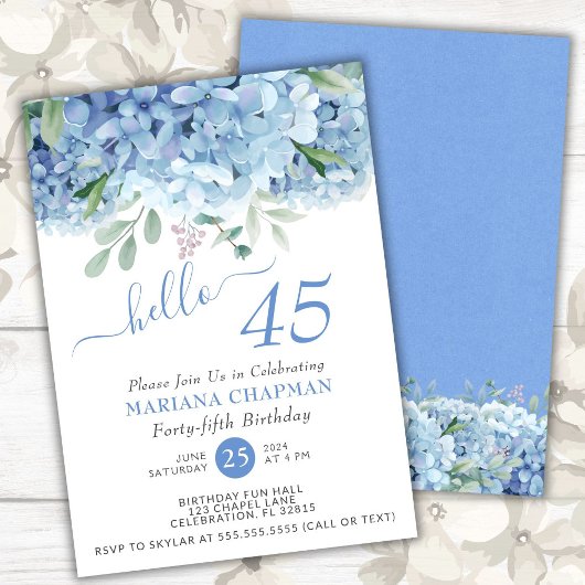 Invitation Blue Hydrangeas aquarelle Floral 45e anniversaire