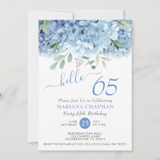 Invitation Blue Hydrangeas aquarelle Floral 65e anniversaire (Devant)