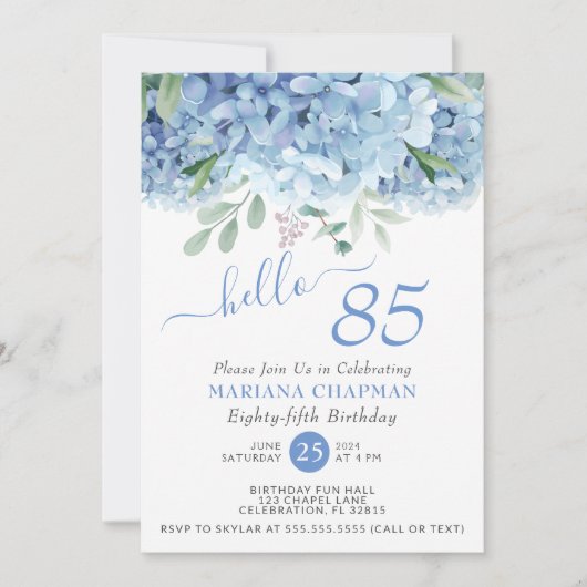 Invitation Blue Hydrangeas Aquarelle Floral 85e anniversaire (Devant)