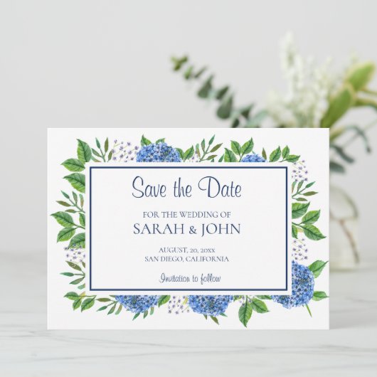 Invitation Blue Hydrangeas aquarelle photo Enregistrer la dat (Debout devant)