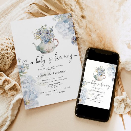 Invitation Blue Hydrangeas bébé est en train de brasser le th