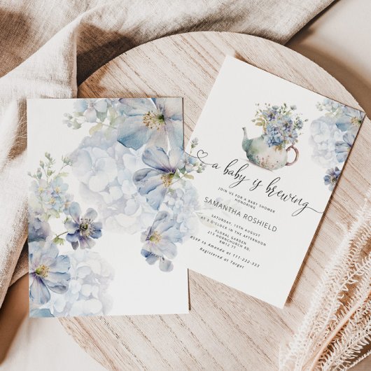 Invitation Blue Hydrangeas bébé est en train de brasser le th