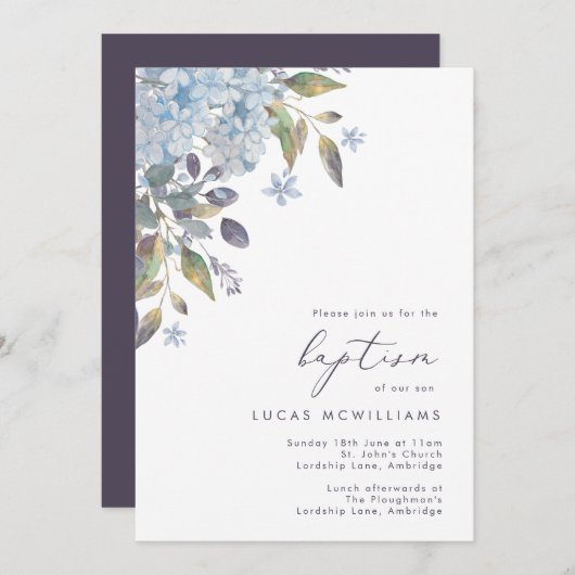 Invitation Blue Hydrangeas Calligraphie Baptême (Devant / Derrière)