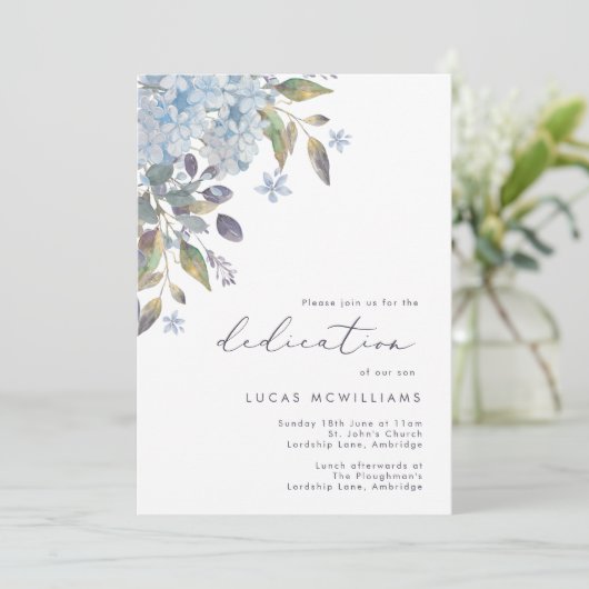 Invitation Blue Hydrangeas Calligraphie Dédication bébé (Debout devant)